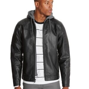 GUESS Danny Hooded Faux-Leather Moto Jacket SZ S